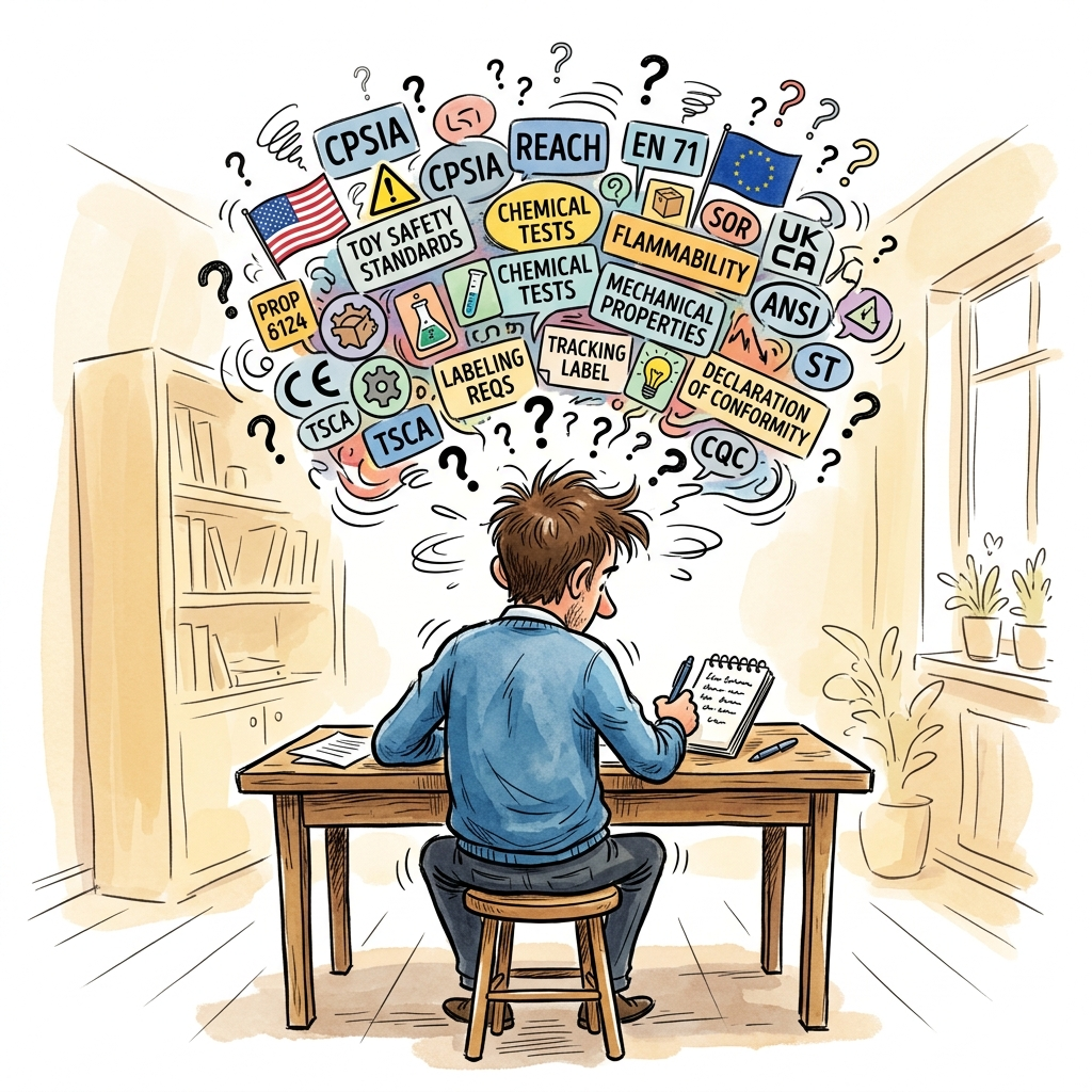 an illustration shows a man Exploding from above his head is a complex, chaotic thought bubble filled  question marks, and numerous regulatory acronyms and phrases