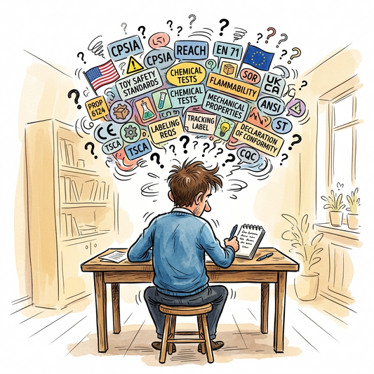 an illustration shows a man Exploding from above his head is a complex, chaotic thought bubble filled  question marks, and numerous regulatory acronyms and phrases