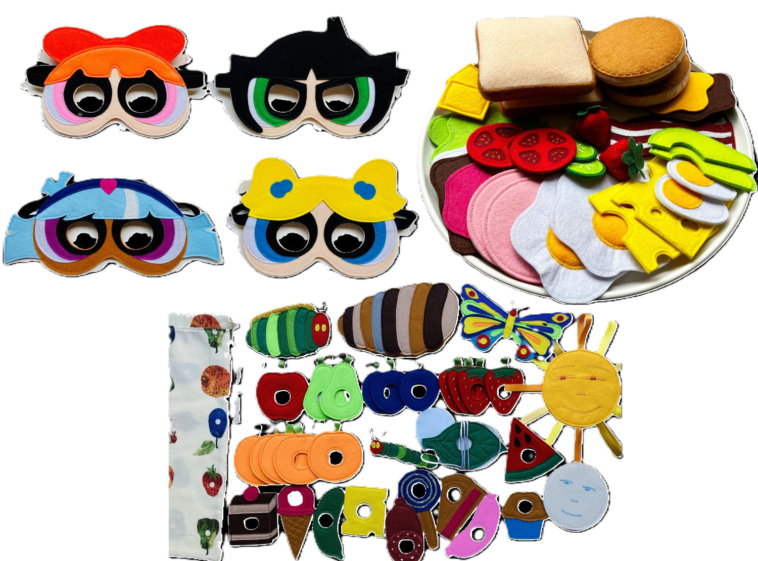 a collage of handmade, felt party masks, play food set and hungry caterpillar, an interactive play set