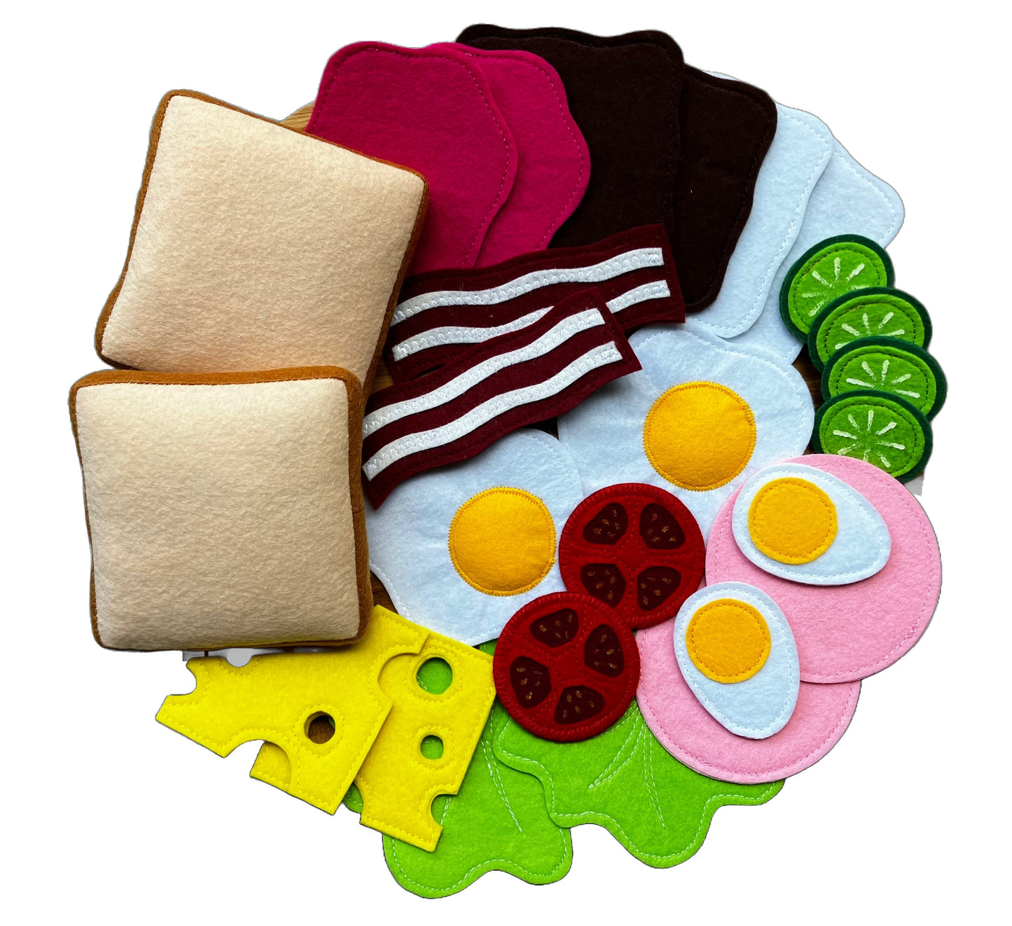 colorful handmade felt breakfast play food set with fried and boiled eggs, toasts, tomatos, cheese cucumber and ham