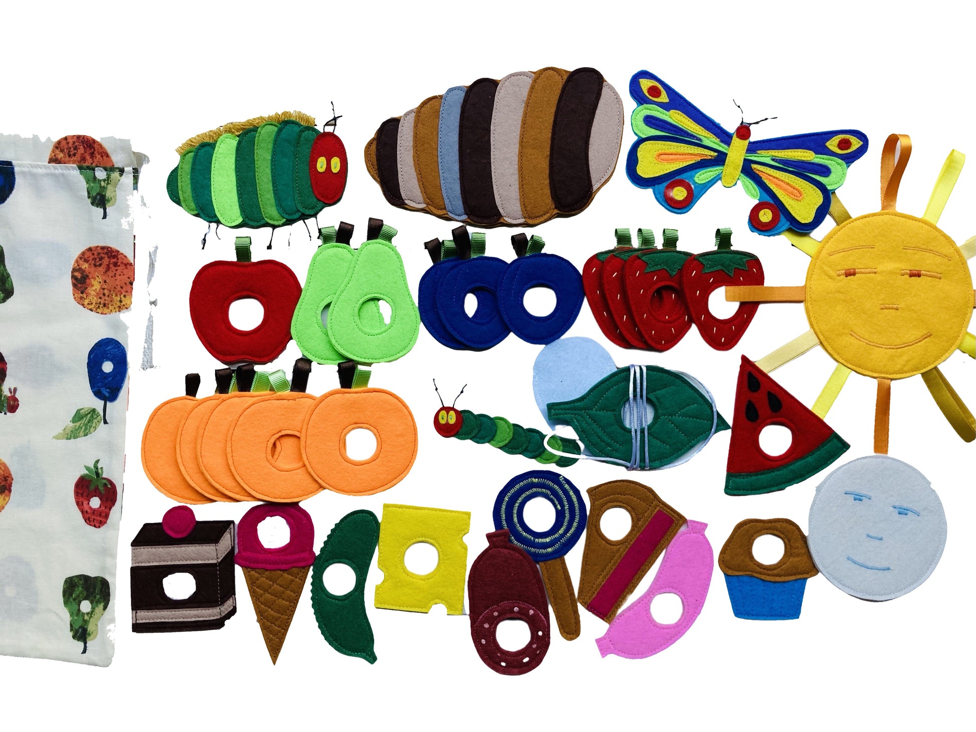 handmade felt figures each inspired from the book, very hungry caterpillar, contains various food items, caterpillars, sun, moon, cacoon and a hungry caterpillar book themed raw cotton bag 