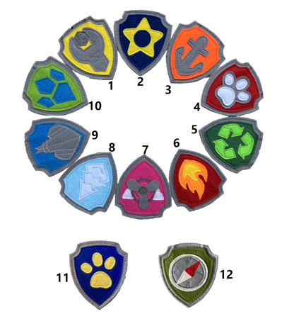 handmade felt paw patrol badges  with  symbols of characters on the badge