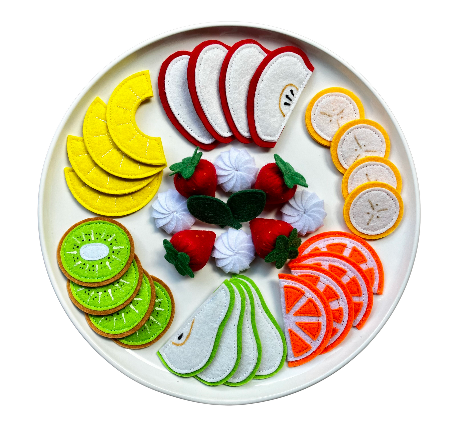 Handmade Felt food set with various fruits such as apple, peach, banana, kiwi, strawberry, orange, pineapple and whipped cream dollops presented on a white plate
