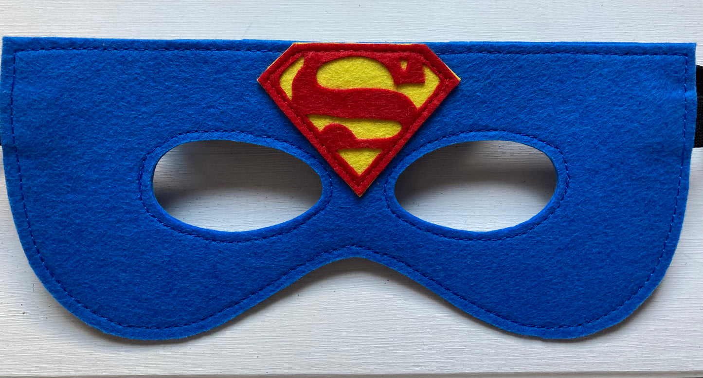 six handmade felt superhero masks including flash, batman, ironman, hulk, spiderman and super