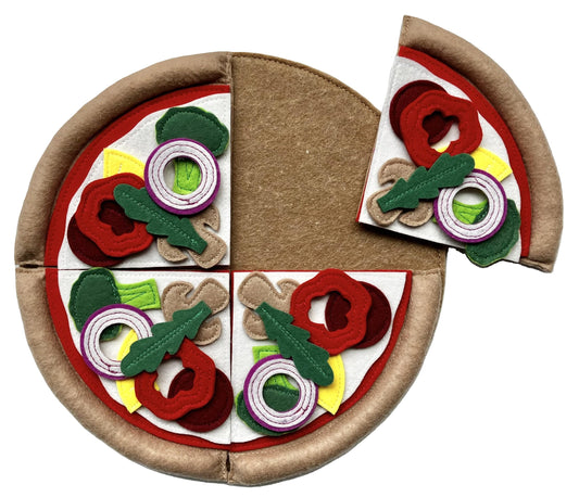 Felt pizza toy with colorful toppings on a white background