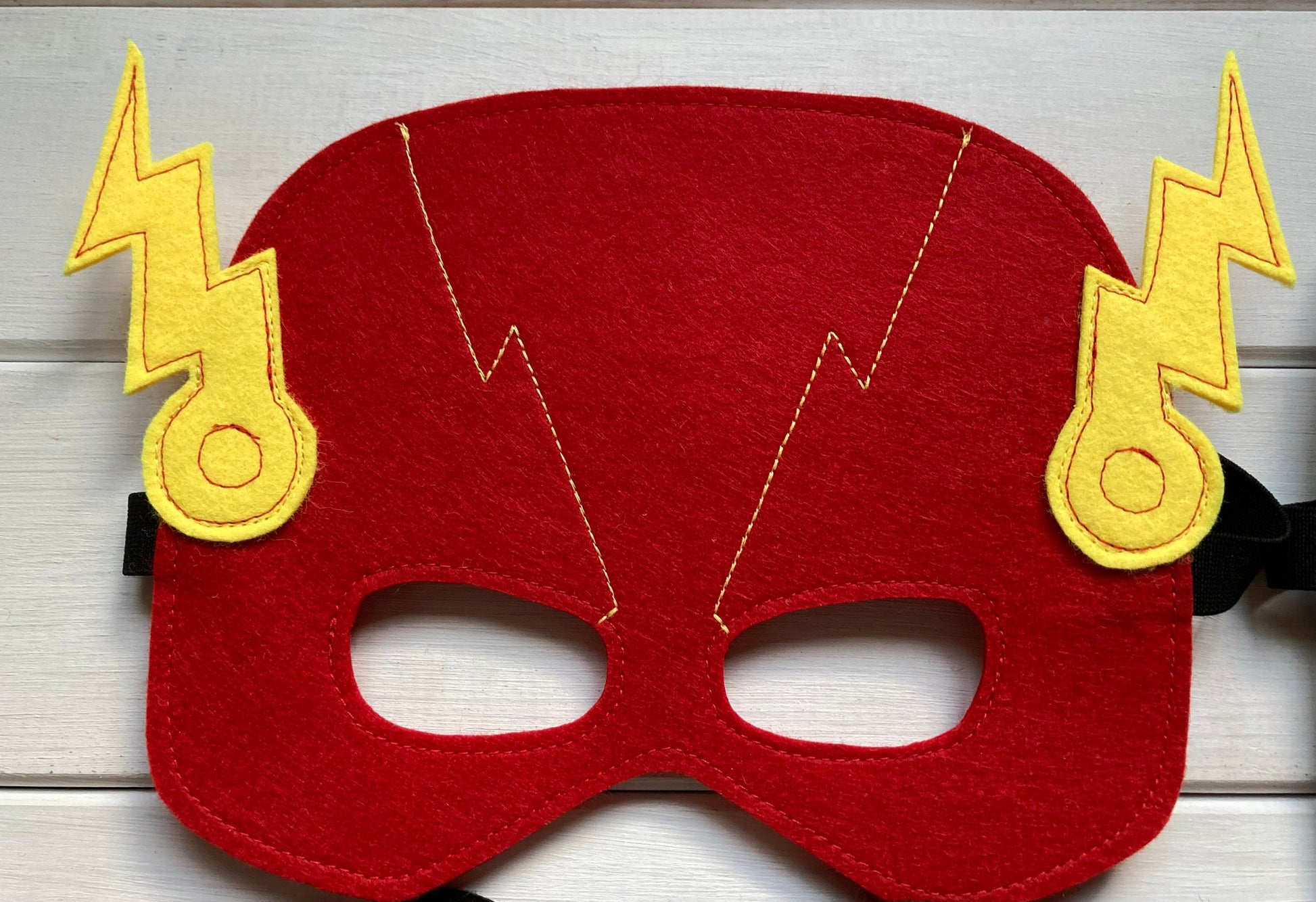 six handmade felt superhero masks including flash, batman, ironman, hulk, spiderman and super