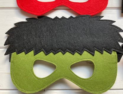 six handmade felt superhero masks including flash, batman, ironman, hulk, spiderman and super