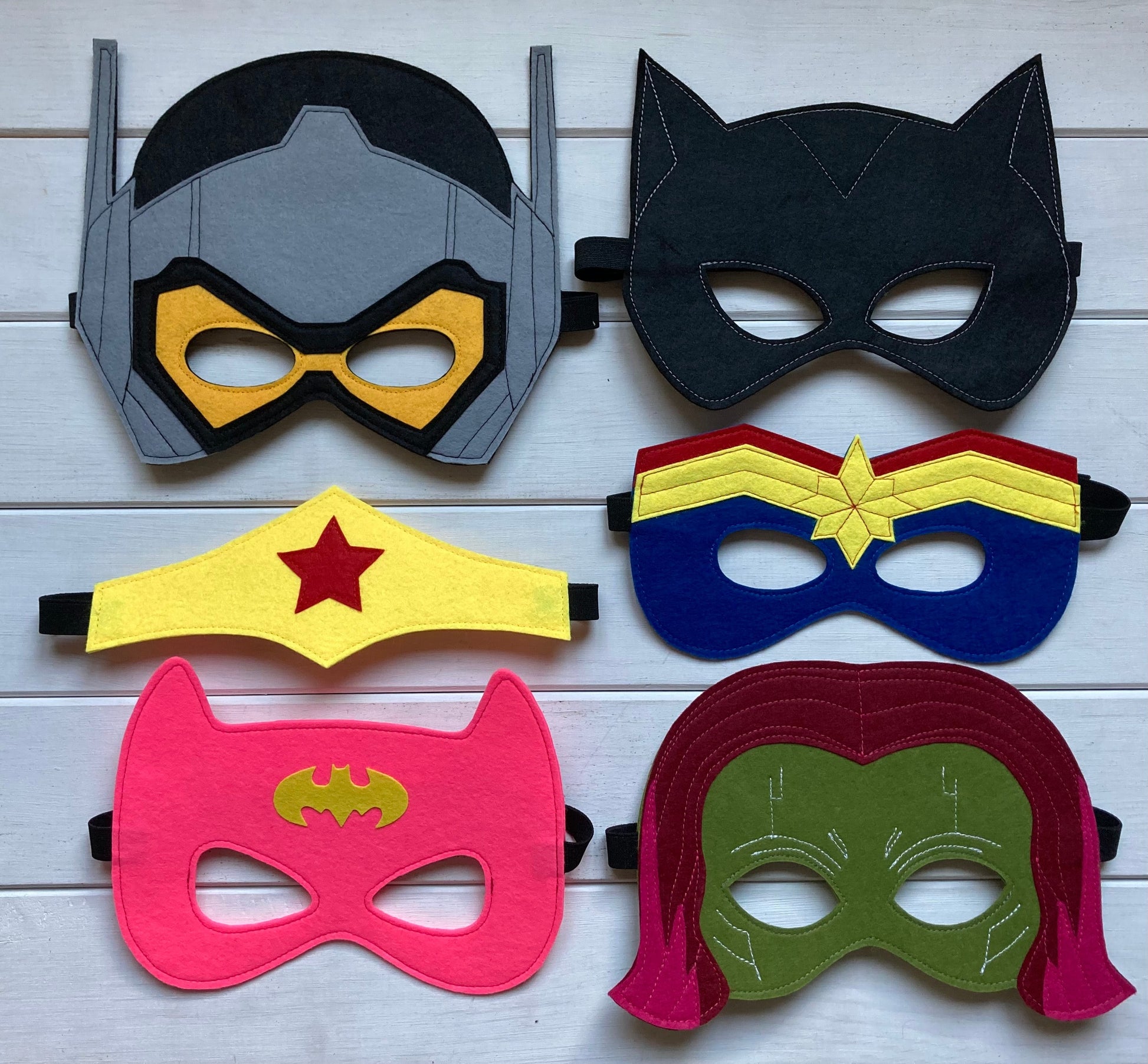 6 handmade felt women superhero masks wasp cat woman captain marvel wonder woman batgirl and gamora