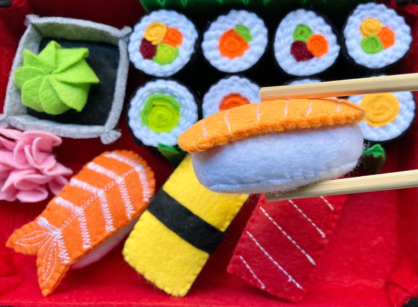 Sushi Play Food Set with Bento Box: Handmade Felt Montessori Kitchen Toy