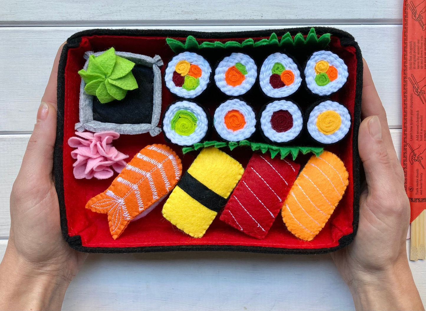 Sushi Play Food Set with Bento Box: Handmade Felt Montessori Kitchen Toy