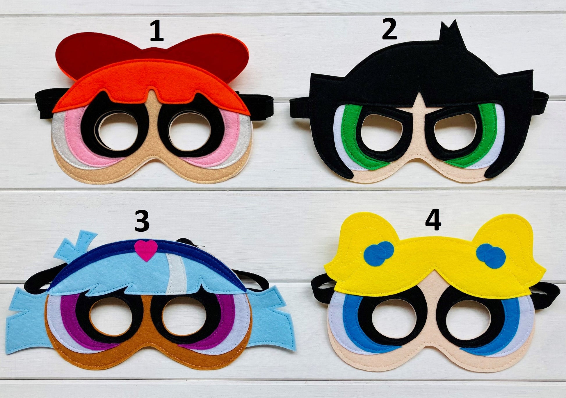 handmade felt masks of four powerpuff girls characters