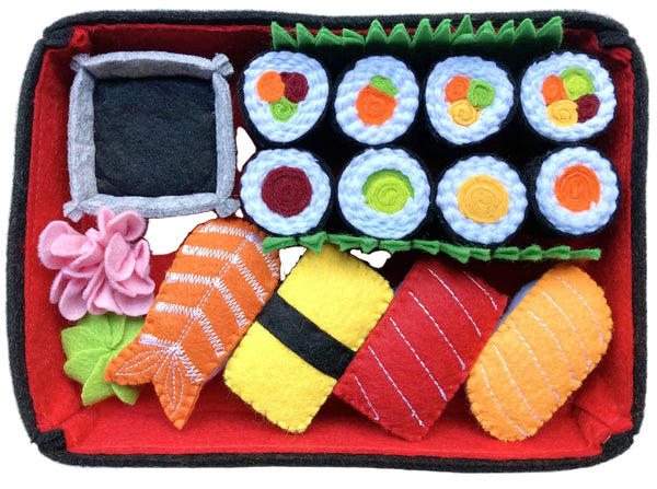 Handmade Felt sushi set with various pieces in a felt bento box