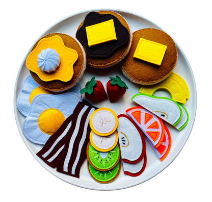 handmade felt Amarican breakfast set wih pancakes, eggs, bacon, various frutis and spreads