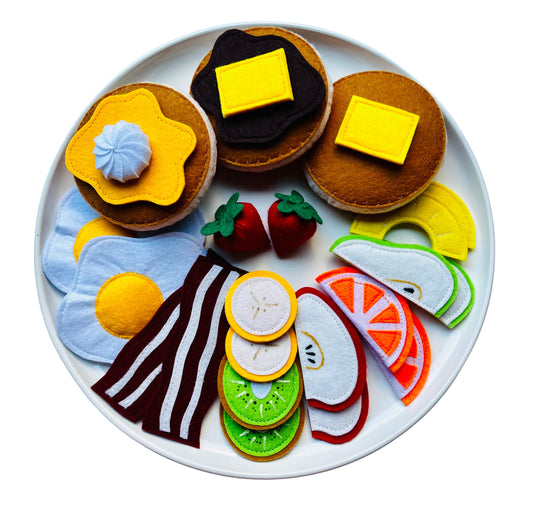 handmade felt Amarican breakfast set wih pancakes, eggs, bacon, various frutis and spreads