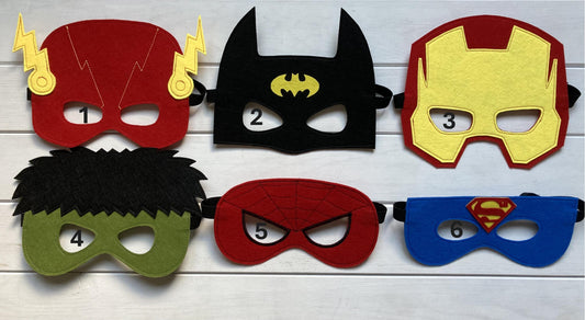 six handmade felt superhero masks including flash, batman, ironman, hulk, spiderman and super