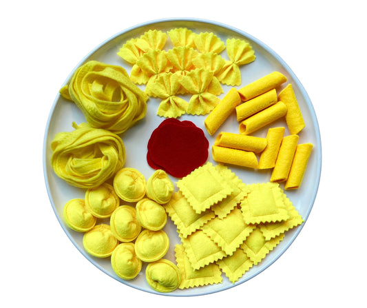 handmade felt five types of yellow pasta presented on a white plate with tomato sauce at the center.